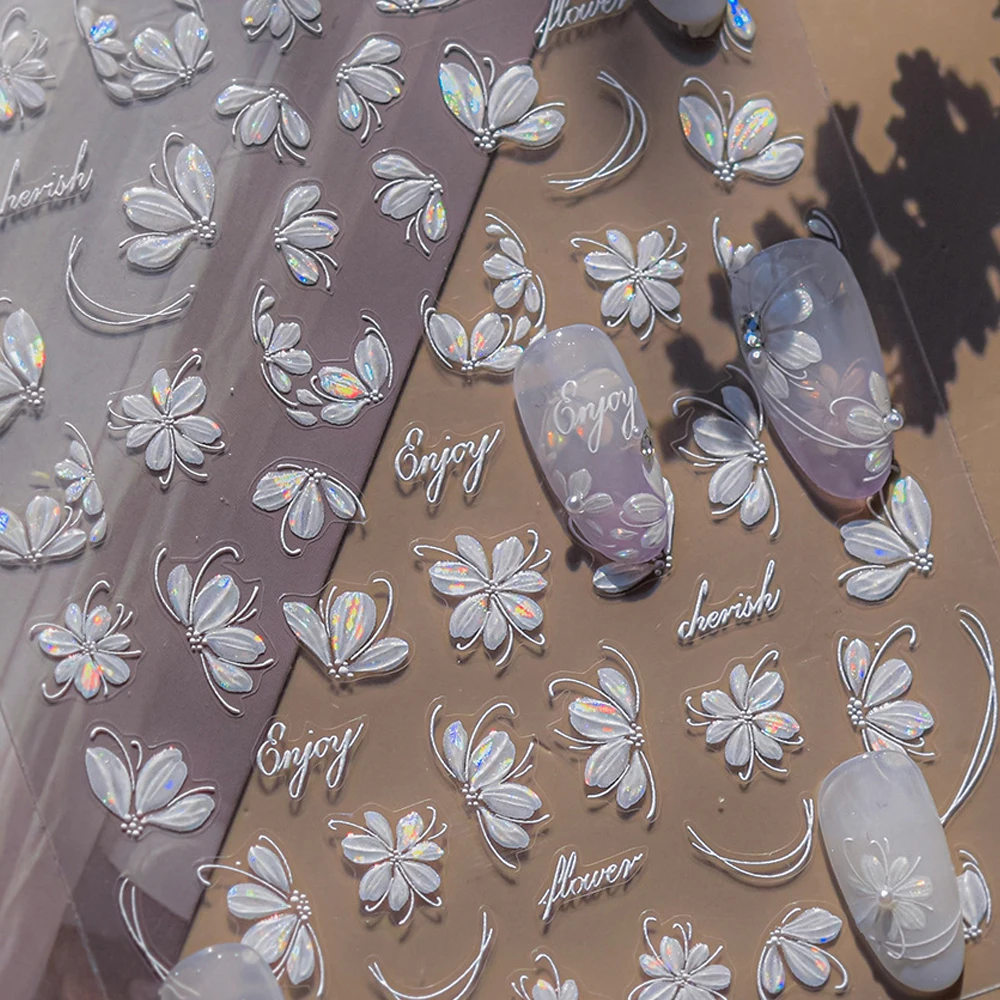 Pétalo de flor blanca, flor de cerezo, flor de melocotón, pétalo que cae, gradiente Floral, pegatina autoadhesiva 5D para decoración de uñas, calcomanías para manicura