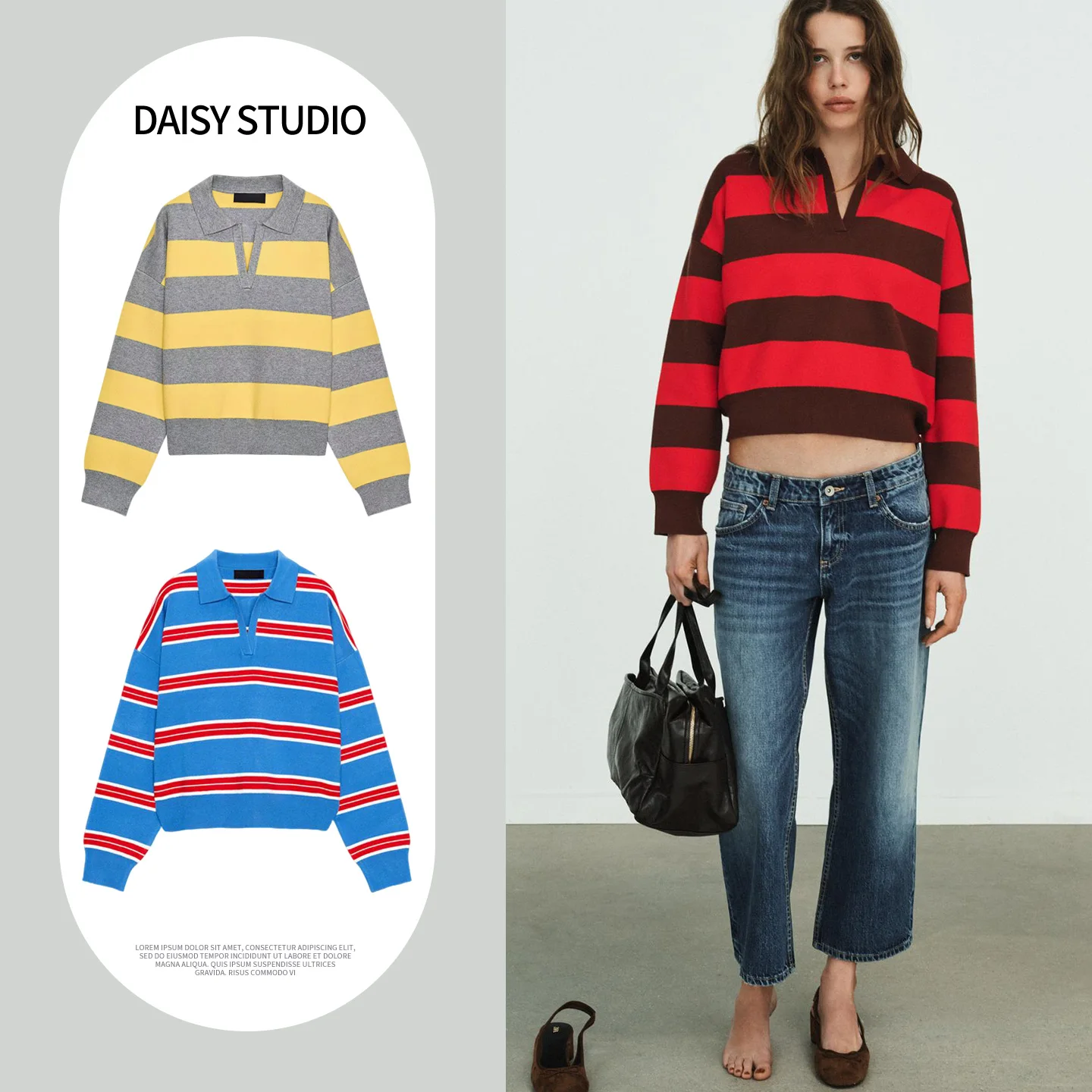 

Classic Shirt Striped Knitwear Collar Color Block Long Sleeve Loose Fit American Casual Style Polyester Fiber Spring Season