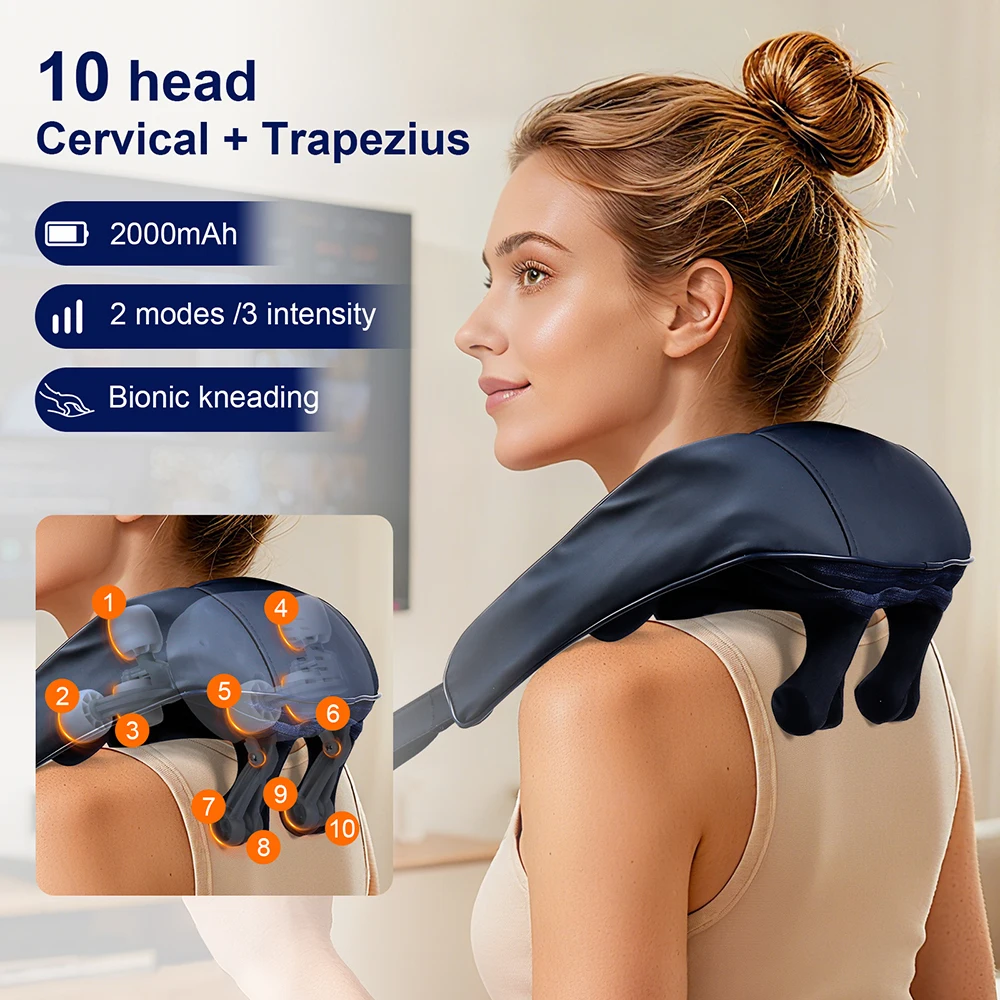 10-Heads Strong Hand Pinching Neck And Shoulder Massager Wireless Trapezius Back Waist Neck Cervical Kneading Massage Pillow
