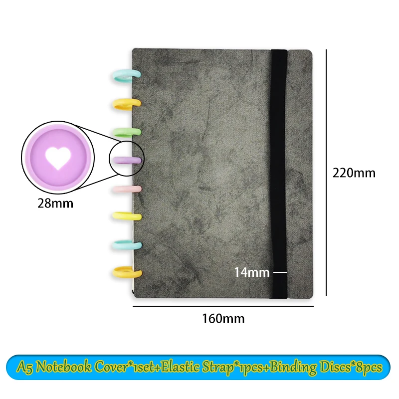 Mushroom Hole A5 Loose Leaf Notebook Shell Cover Set DIY Notepads Planner with Elastic Strap Heart Binding Disc Binder Supplies