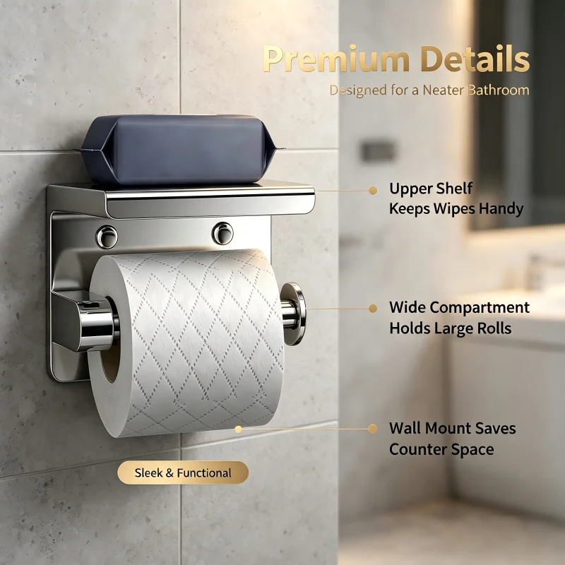 304 Stainless Steel No Drill Wall Mount Toilet Paper and Phone Holder, Bathroom Tissue Rack with Shelf, Adhesive Towel Storage