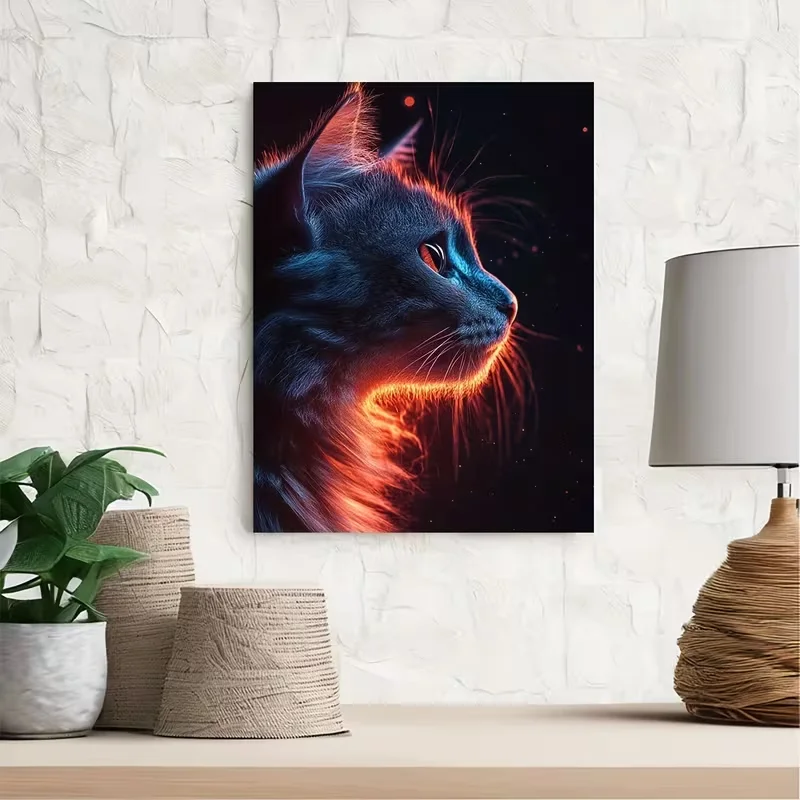 1pc Modern Abstract Blue & Orange Cat Painting - Glowing Trails Framed/Frameless Canvas Wall Art, 12x16 Inch (30x40cm) - Dark Ba