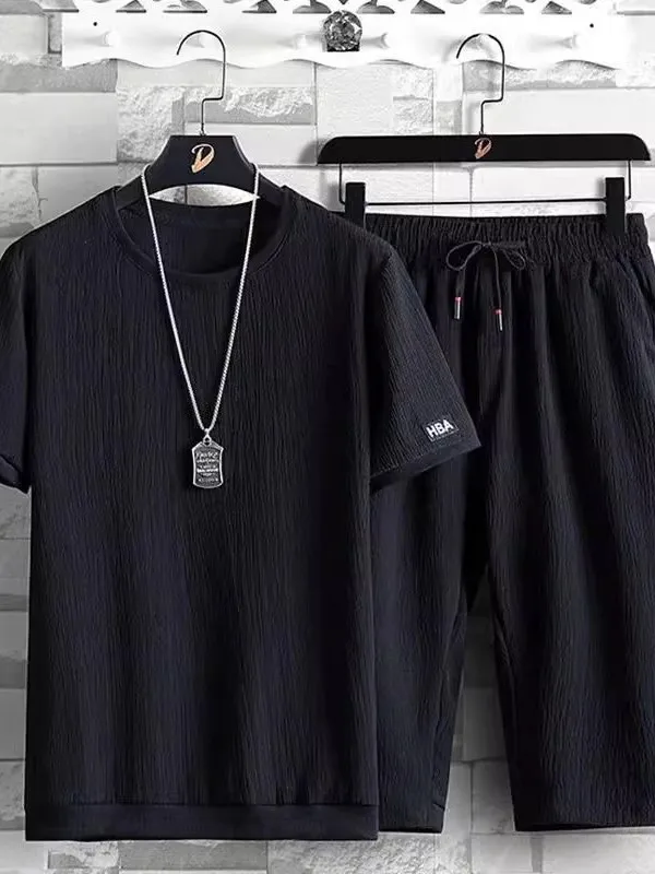 

Summer Casual Sports Men's T-irt Set Two-Piece ort-Sve Polyester Blend Fabric Youth Faion ort Pants