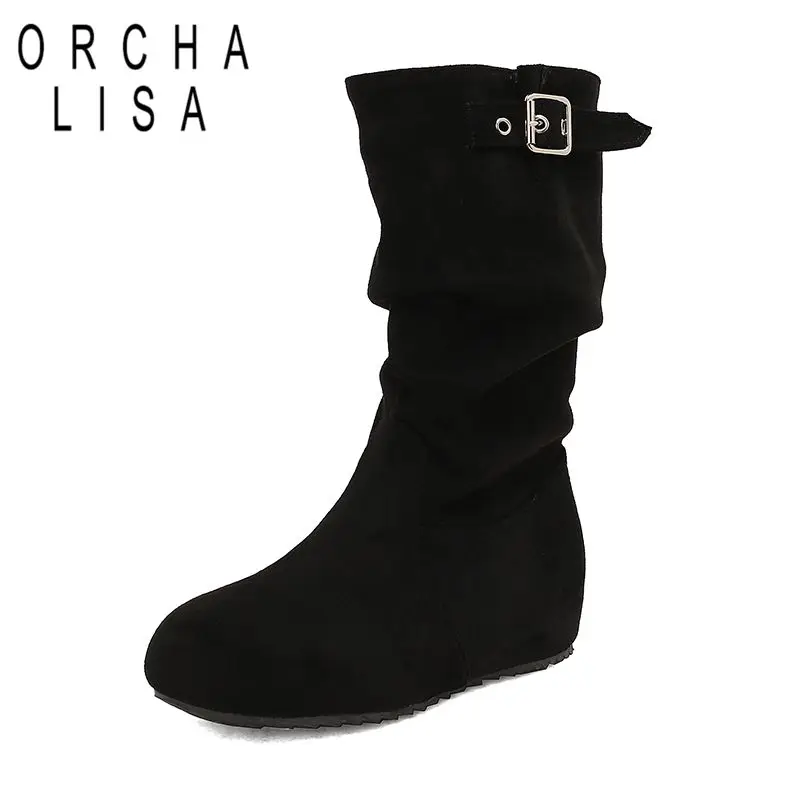 

ORCHA LISA Женские замшевые сапоги до середины икры из флока с круглым носком, 4 см, на увеличенном каблуке, без шнуровки, большой размер 41 42 43, плиссированные зимние