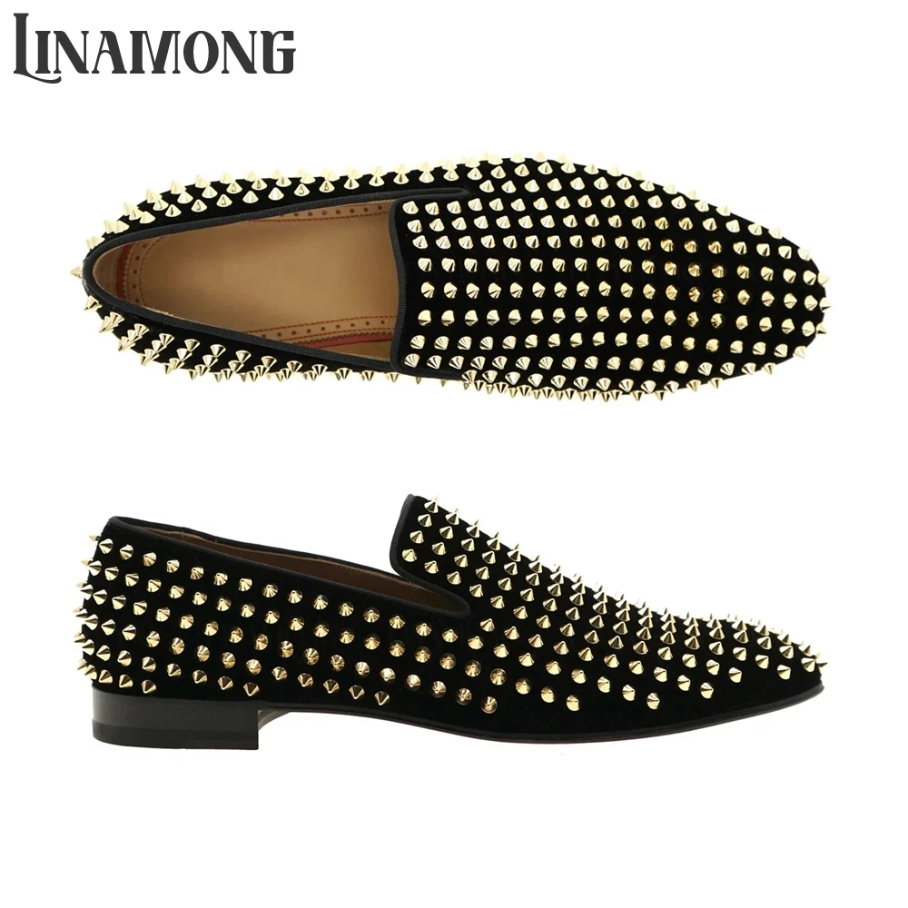 Gold Spikes Loafers Black Velvet Dress Shoes Designer Style Slip-On Punk Leather Shoes Handmade Classic Rivet Leather Men Shoes