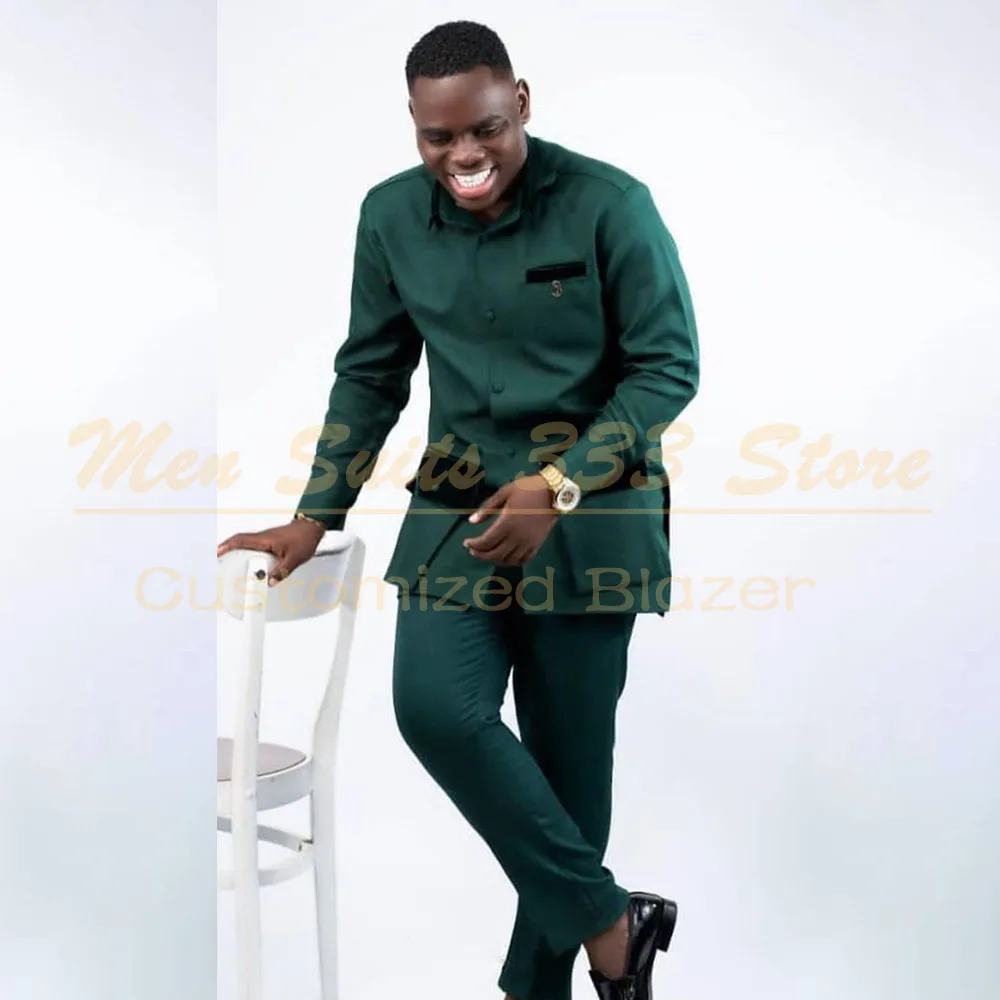 

KSDN Green Men's Suits 2 Piece Jacket Pants Sets High Quality Single Breasted Satnd Lapel Slim Fit High Quality Male Clothing