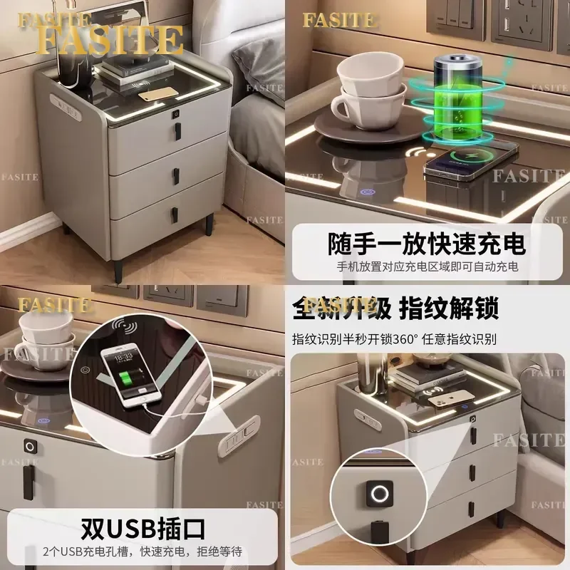 For Modern Simple Smart Bedside Table with Wireless Charging Bluetooth Audio Fingerprint Lock Solid Wood Nightstand
