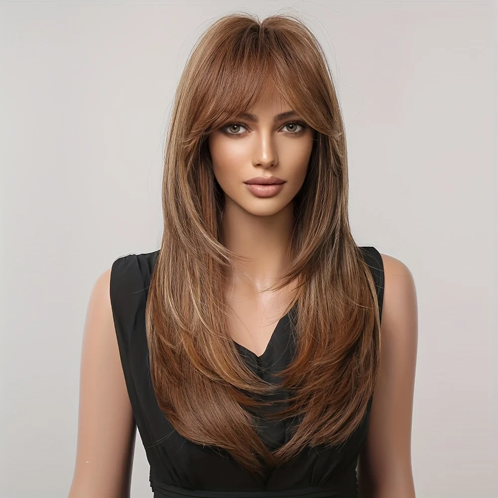 24-inch Brown Middle Part Long Straight Wig for Women Daily Use Wig Suitable for Various Occasions