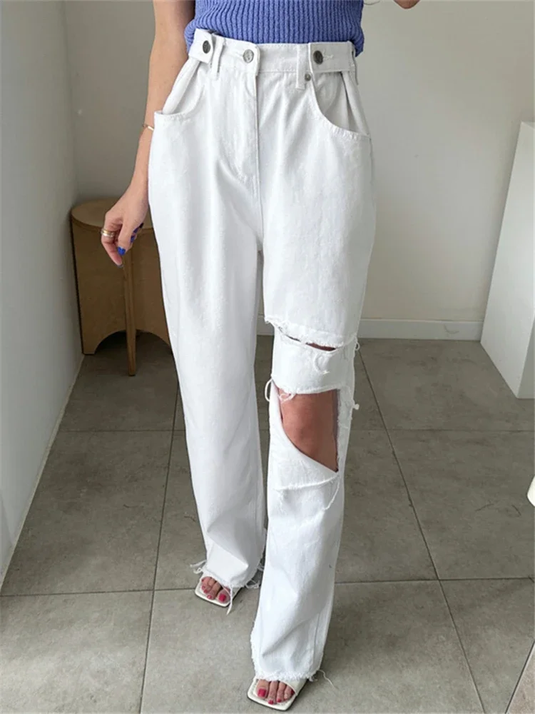 REALEFT 2024 New Hole Pink Women\'s Denim Wide Leg Pants High Waist Spring Summer Casual White Jeans Straight Trourses Female