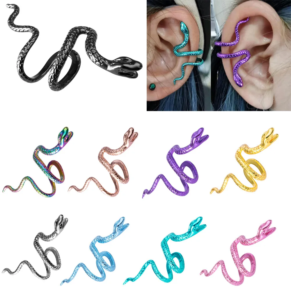 1pcs Rainbow Snake Clips On Earrings for Women Vintage Silver Color Ear Bone Clip Punk Ear Cuffs Personality Jewelry Accessories