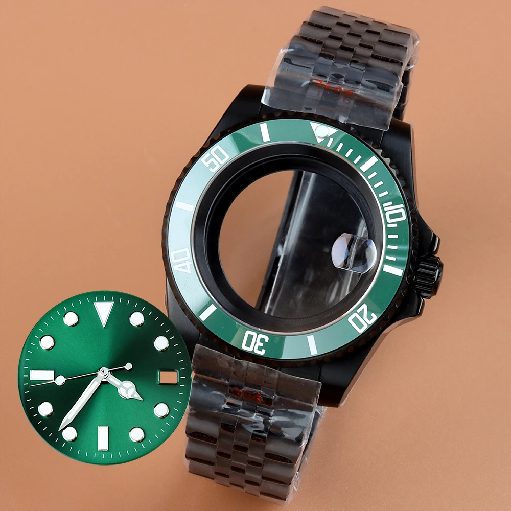 

Stainless Steel Black 40mm Watch Case Jubilee/Oyster Bracelet Fit SUB NH35 NH36 NH38 Movement 28.5mm Dial Hands Green Luminous