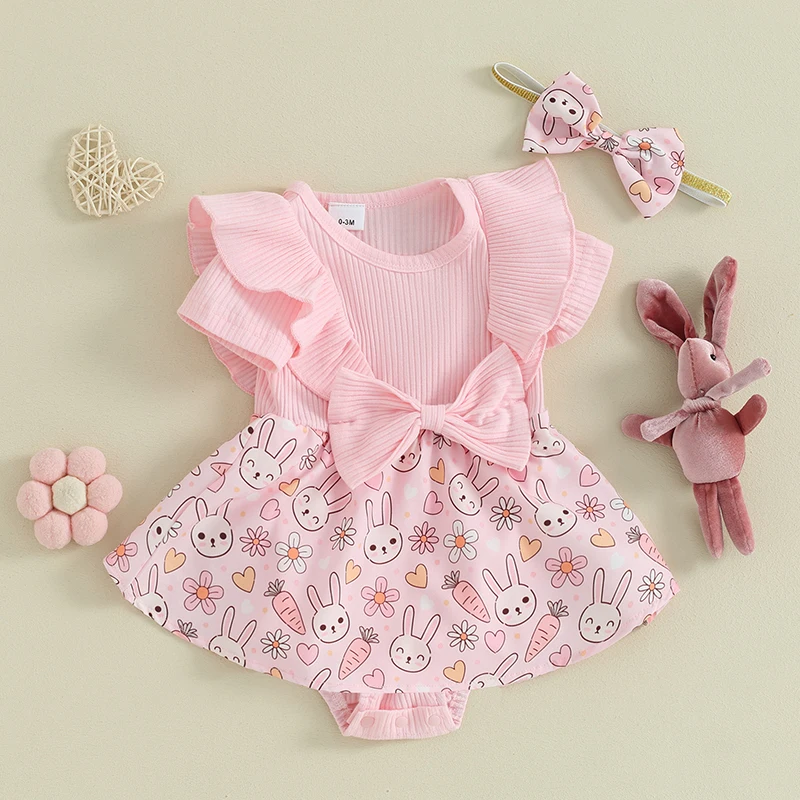 Newborn Baby Girl Easter Romper Dress Bunny Short Sleeve Ribbed Jumpsuit Skirt Headband Infant Easter Bunny Outfit