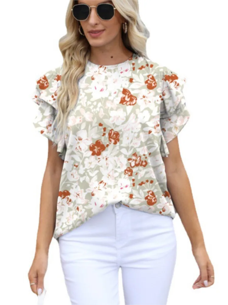 T-shirt For Ladies 2024 Summer New Floral Print Flare Sleeve Tees And O-Neck Casual Loose Fashion Elegant All-match Female's Top