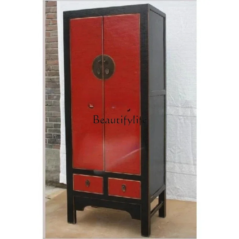 

New Chinese solid wood black frame red door large wardrobe neoclassical antique old storage cabinet