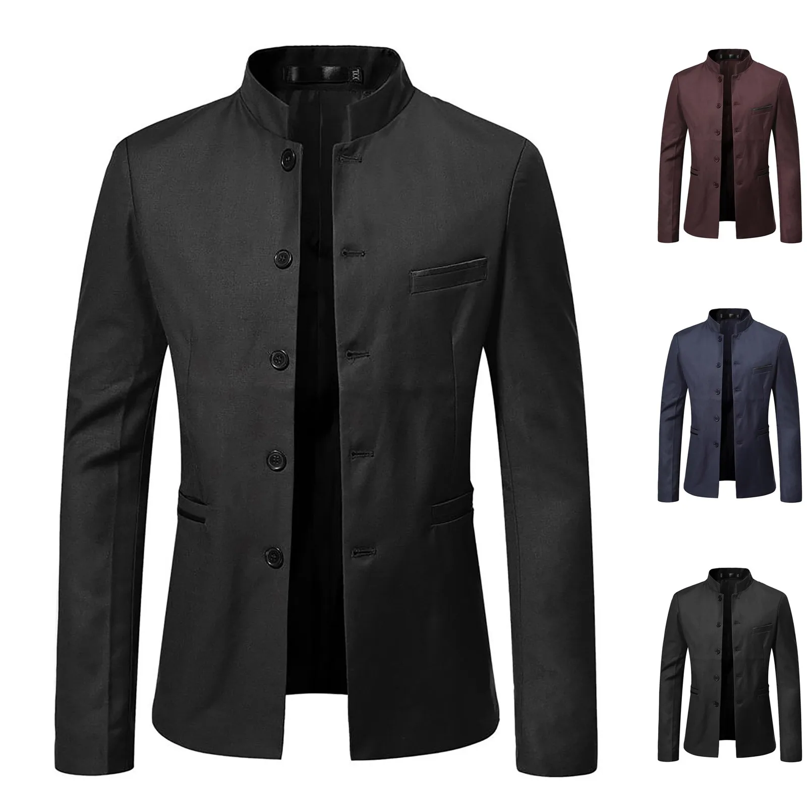 Men'S Business Blazers Cross Border Half Turtleneck Slim Fit Cotton Blends Suit Dress Suits Jackets For Men Black Formal Coat