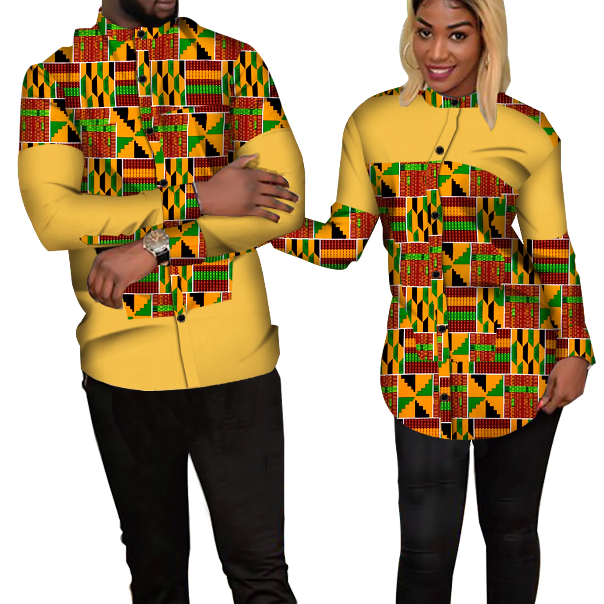 Vêtements traditionnels africains pour couples, chemise à imprimé patchwork, bazin riche, vêtements pour amoureux, femmes et hommes, WYQ235