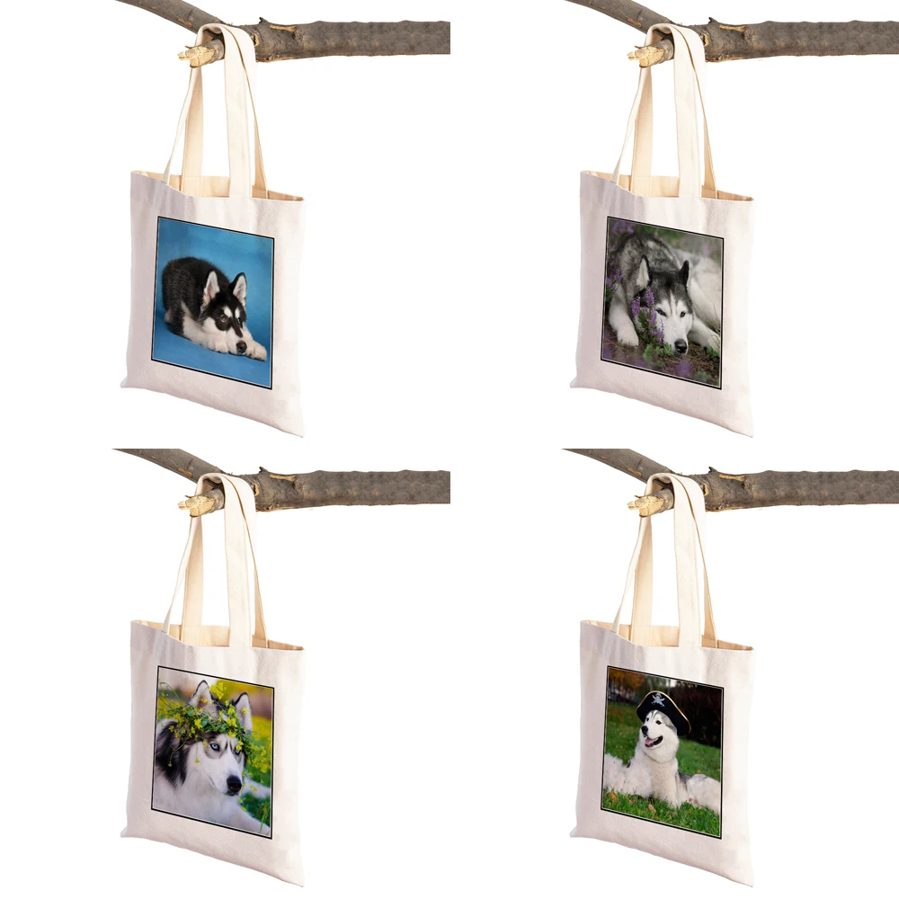 Siberian Husky Dog Canvas Shopper กระเป๋าถือ Reusable สัตว์เลี้ยงสัตว์พิมพ์คู่ Casual Tote ผู้หญิงช้อปปิ้งสำหรับซูเปอร์มาร์เก็ต