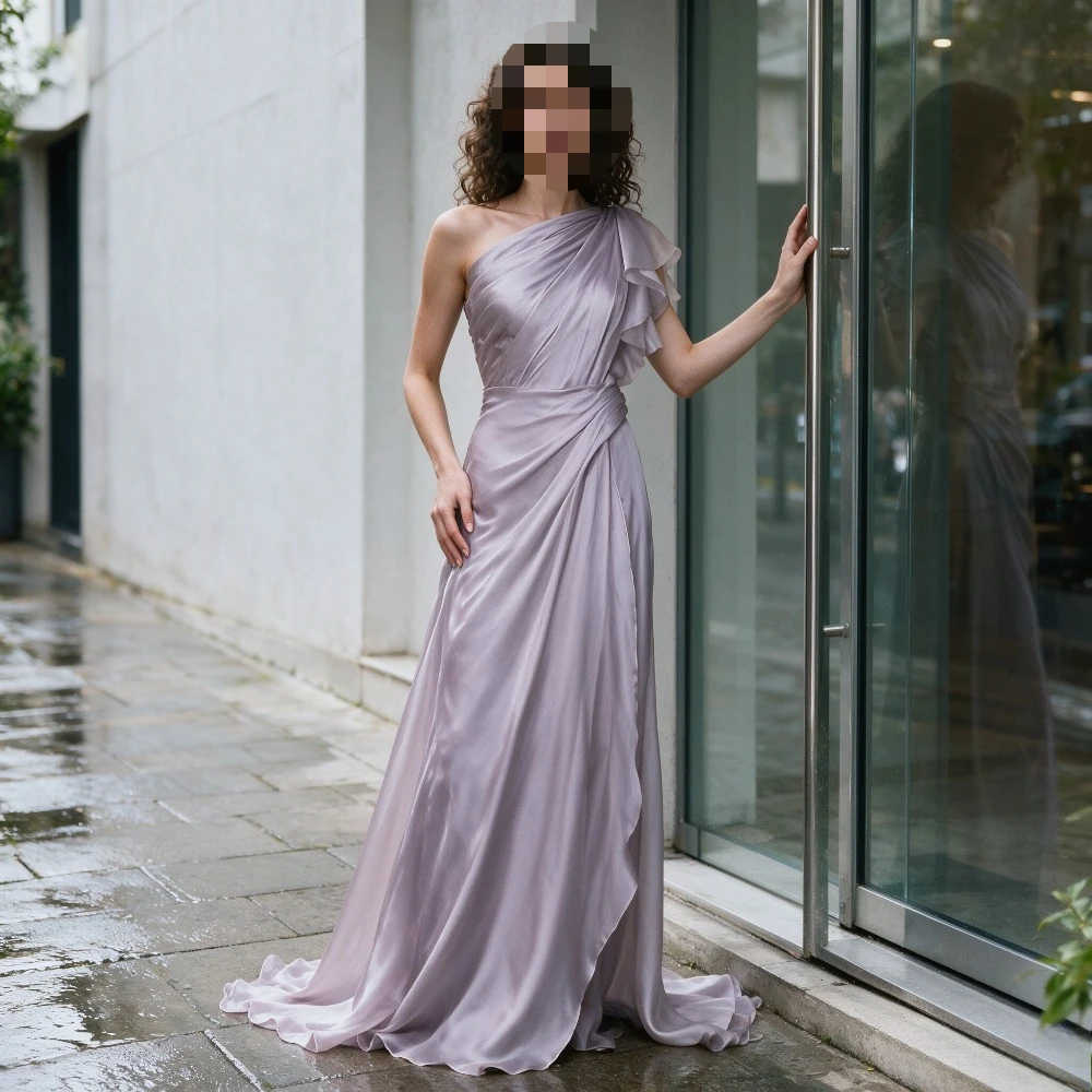Customized temperament simple A-Line Light  Purple Wedding Dresses Charming One Shoulder Irregular Floor-Length Bridal Gowns