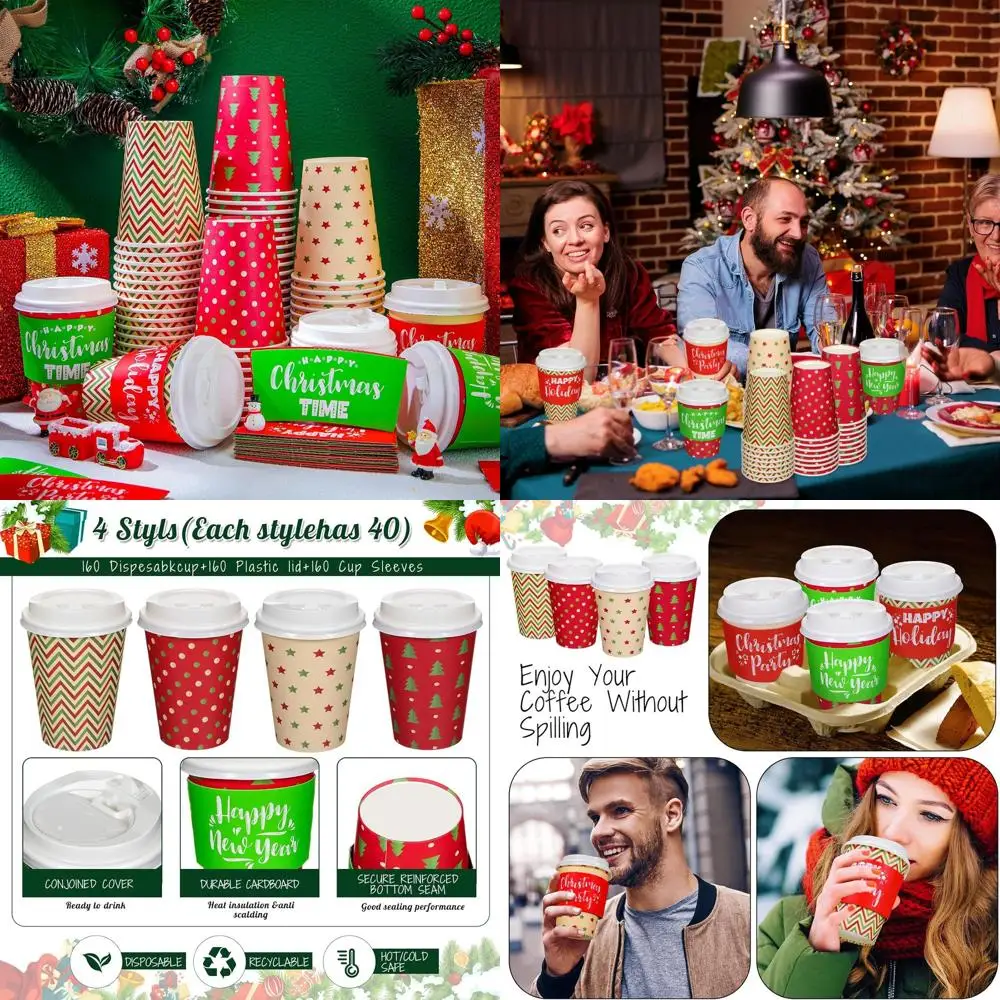 

160 Packs/480 Pieces Christmas Disposable Paper Cups with Lids & Sleeves for Holiday Parties, 4 Designs, 12 oz