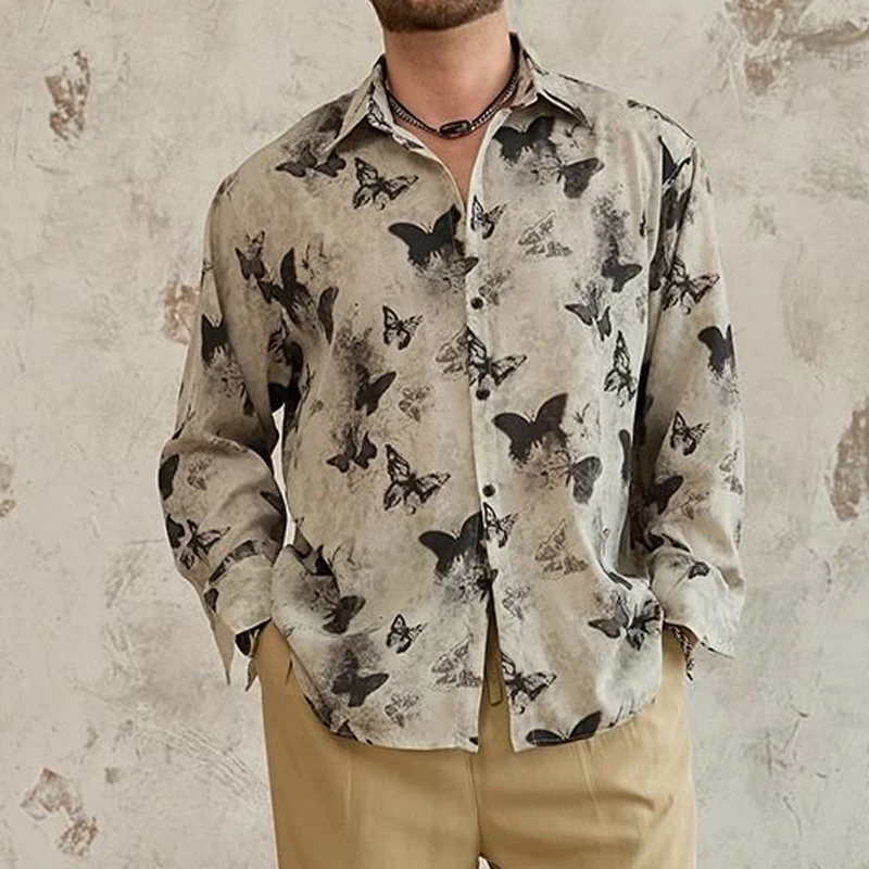 Men Trendy Vintage Butterfly Print Y2K Harajuku Turn Down Collar Button Shirts Spring Autumn Male Casual Long Sleeve Loose Tops