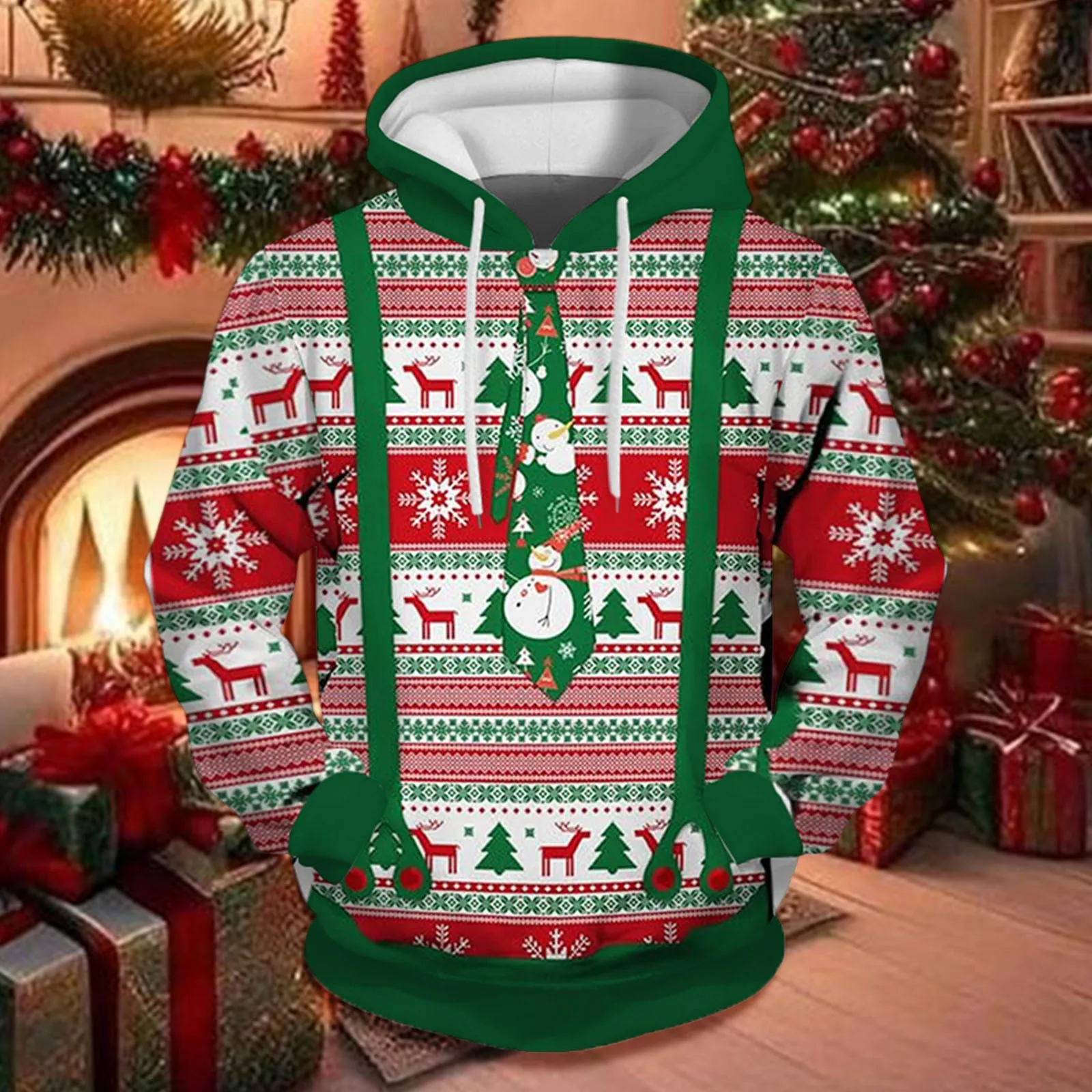 Male Autumn And Winter Christmas Printing Hoodies Long Sleeve Loose Casual Sweatshirt Funny And Interesting All Pocket Tops