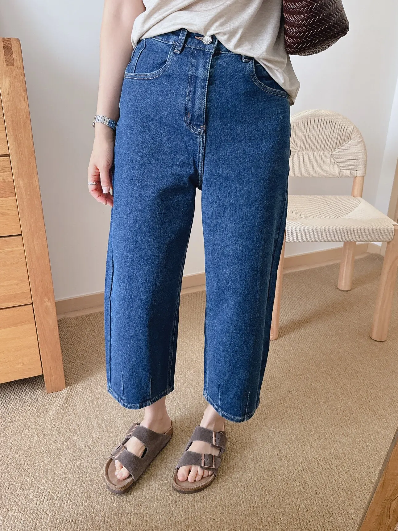 

High Waist Pure Color Elastic Slimming Cuffed Loose Short Grandmother Jeans Women's Loose Fit Spring Cotton Denim Pants