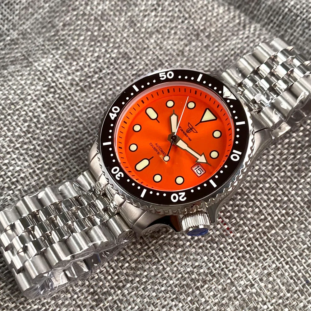 Imagem -04 - Tandorio 41 mm Luxo 200m à Prova d Água Relógio Automático para Homens Nh35 3.8 Coroa Sunburst Laranja Dial Relógio de Mergulho Pulseira de Aço Skx