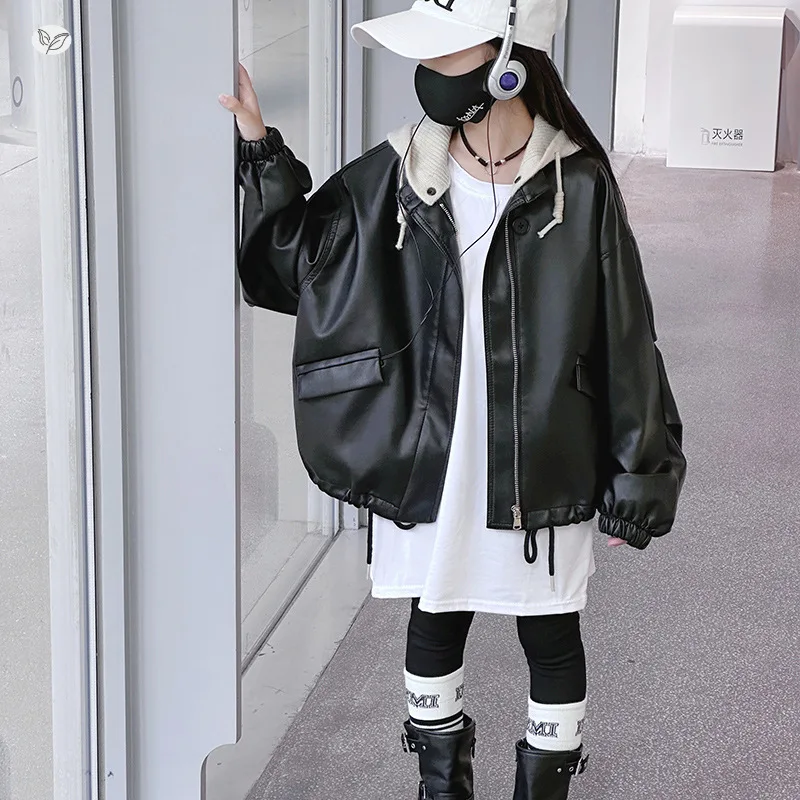 Girls Spring Jacket New Middle Big Kids Stylish Loose Spring Fall Leather Little Girl Versatile Hooded Motorcycle Jacket