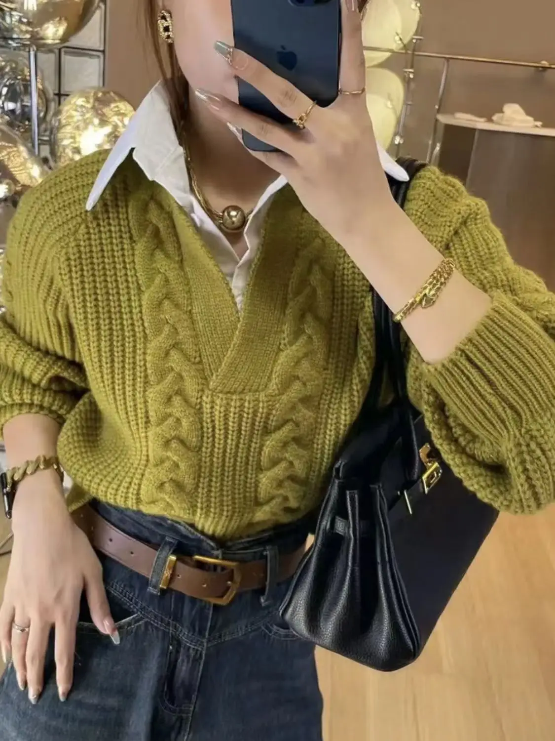 

Свободный вязаный свитер Ne, женский осенне-зимний новый Sle, искусственная двухсекционная внутренняя и внешняя одежда, длина для поездок на работу, Sle