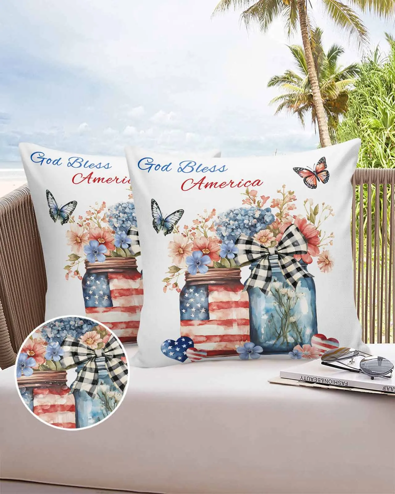 

Flag Day Glass Bottle Butterfly 2/4PCS Outdoor Pillowcase Waterproof Pillow Cover Case Garden Patio Cushion Covers Home Decor