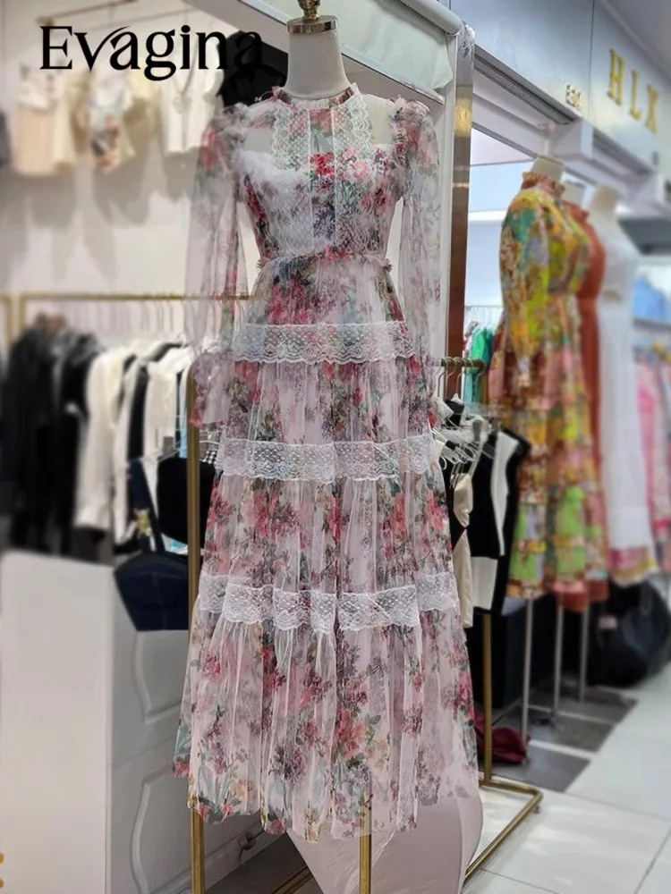 

Evagina New Fashion Runway Designer Women's Leisure Mesh Printed Long Dress Romantic Art Decor Dress