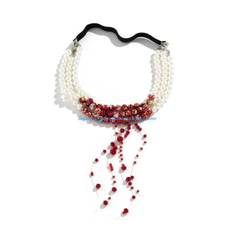 

E56A Dripping Blood Gift Imitation Pearls Halloween Party Tassels Body Thigh Chain