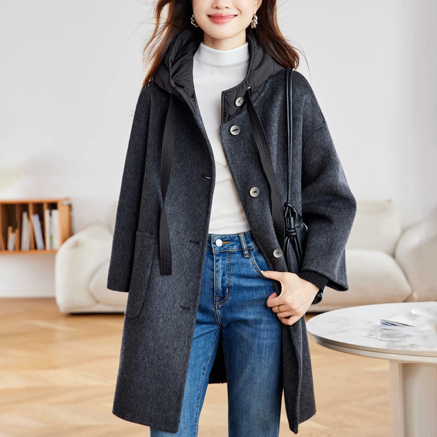 レディース両面ウールコート ミディアム丈 フード付き センセーションコットン 秋冬新作 スレ アウトドア 防風