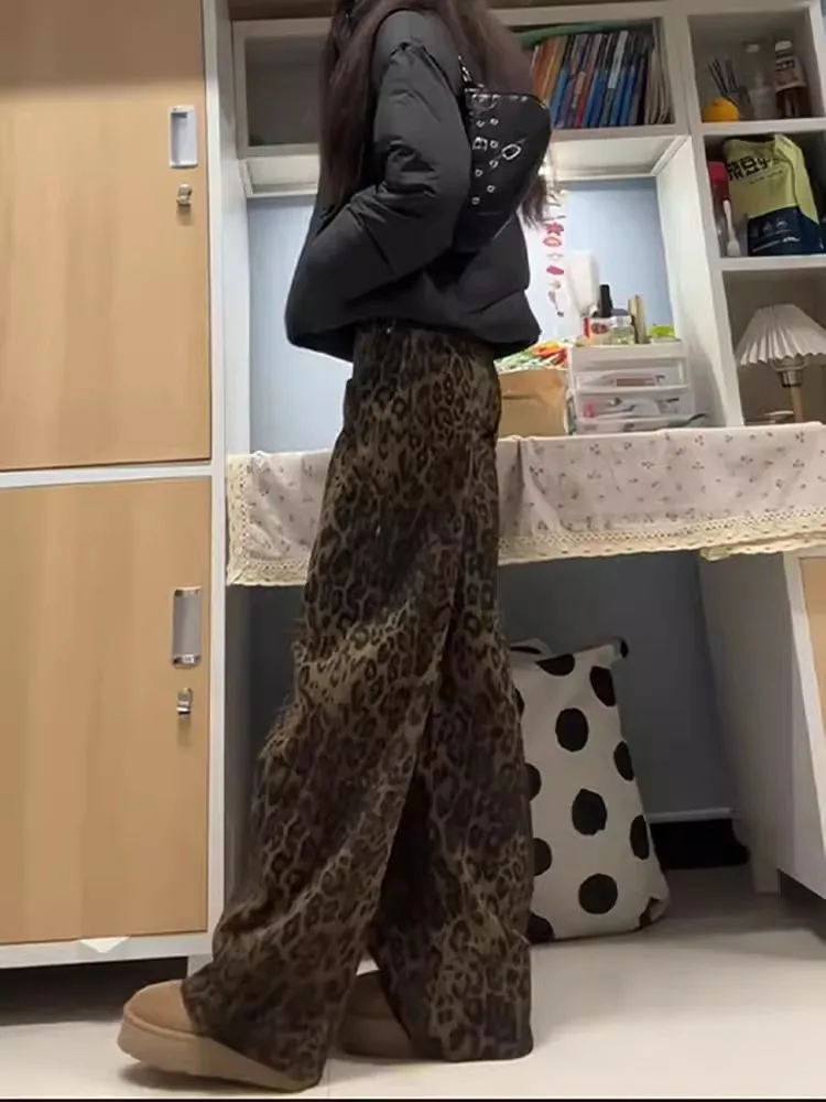 

plus Size Women's American Retro Leopard Print Wide Leg Jeans High Waist Thickened Loose Straight Floor-Length Pants
