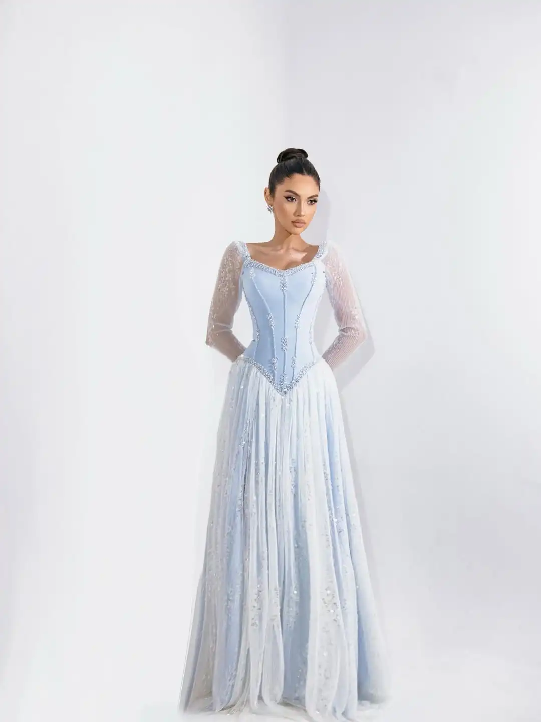 

Elegant Princess Design A Line Square Neck Sheer Sleeve Beaded Fishbone Corset Tulle Draped Floor Length Evening Prom Dress