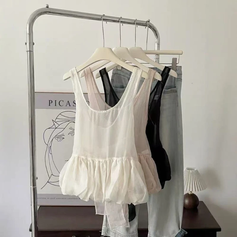 Chic New Korean Sweet Daily Tops Women Summer Sleeveless Mesh See Through Bow Tie Cross Overlay Backless Casual Vest Shirts