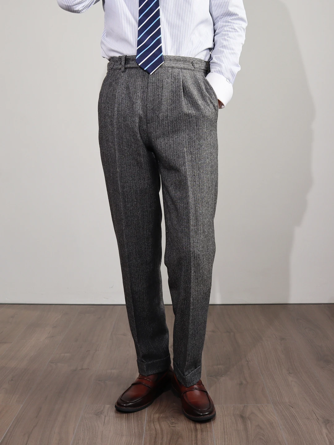 

High Waist Straight Leg Men's Woolen Trousers Autumn Winter Italian Neapolitan Pattern Single Pleat Business Casual Style