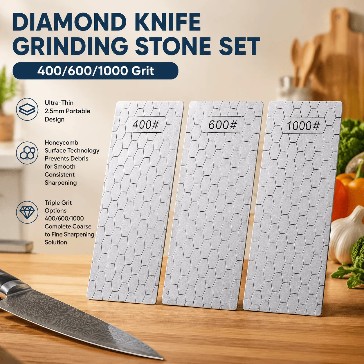 Diamond Sharpening Stone Knife Sharpener Whetstone 400/600/1000 Grit Portable Honeycomb Ultra-Thin Grinding Tool For Kitchen
