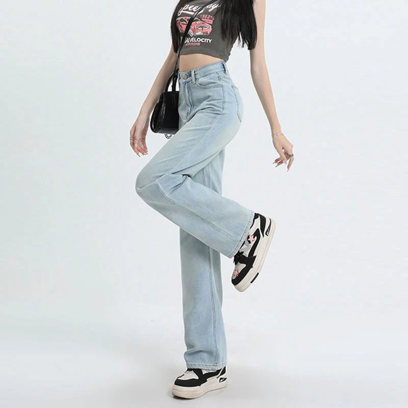Jeans straight pants female online celebrity new design pink leather brand high waist loose slim casual wide leg mop pants.