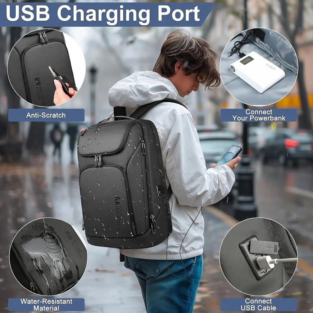 hk BusinSmart 백팩 또는 남성용 도난 방지 또는 17.3인치 노트북용 USB 충전 포트 포함 방수 대용량 내구성 컴팩트 30L 또는