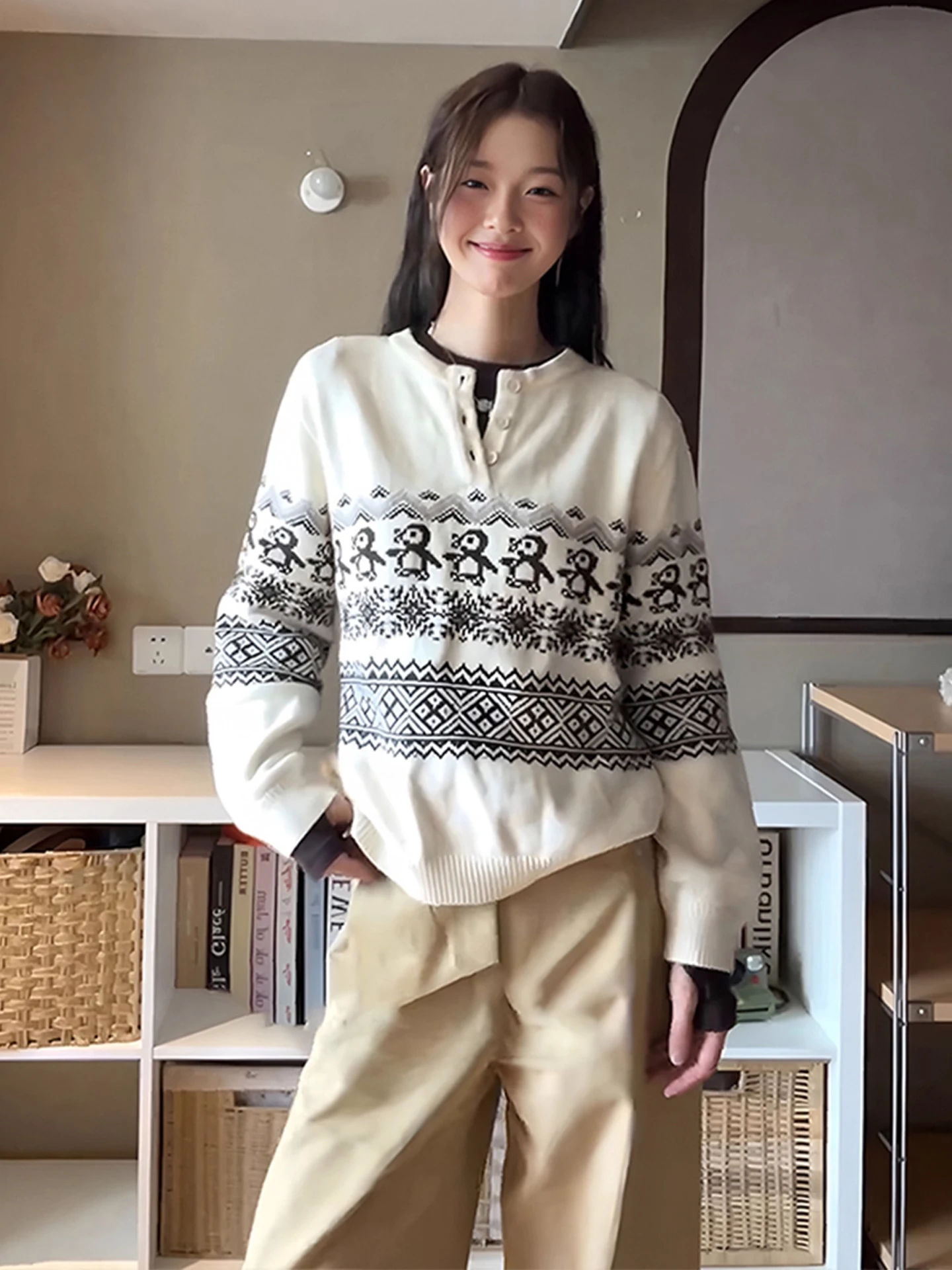 

Retro Korean Penguin Fair Isle Sweater Men's Soft Lazy Sle f Open Collar Versatile Casual Top for Autumn Winter