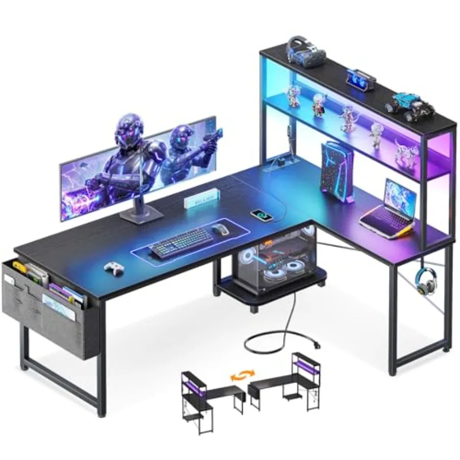 L-shaped gaming desk for home office use, made of engineered wood in black finish with built-in LED lighting, power outlets, an