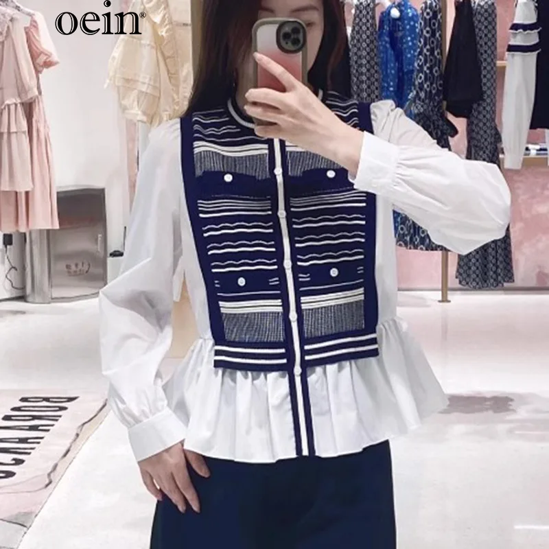 [oein] 2024 Niche Autumn New Striped Knitted Splicing Shirt Color Contrasting Long Sleeve Fake Two Piece Top For Women