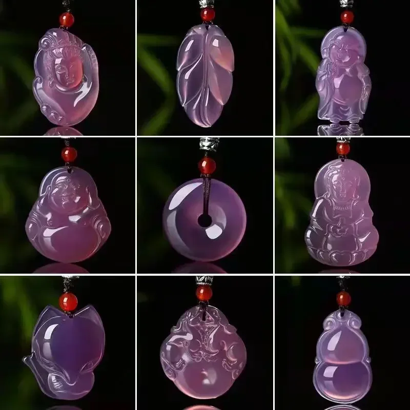 Agate chalcedony emperor purple pendant necklace purple chalcedony Buddha Pixie leaves gourd peace button jade pendant necklace