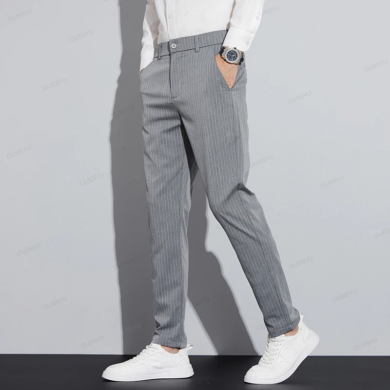 High Quality Brand Clothing Autumn Stripe Suit Pants Men Fashion Business Solid Color Office Slim Long Casual Trousers Male 28-3