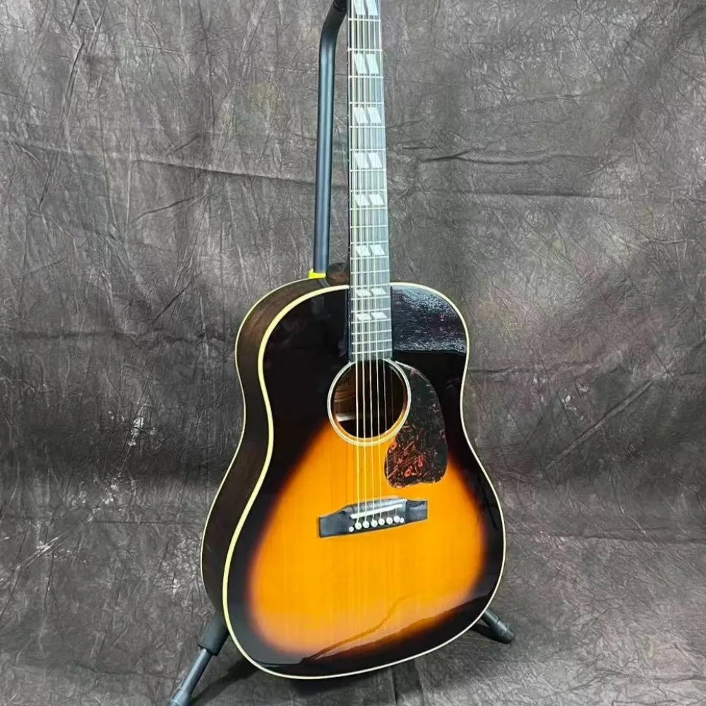DE Warehouse J45 D Body Acoustic Guitar Vintage Sunburst Finish Decorative Pattern Pickguard Folk Guitar Handmade Wooden Guitar for Stage Show Band Accompaniment Daily Playing Practice