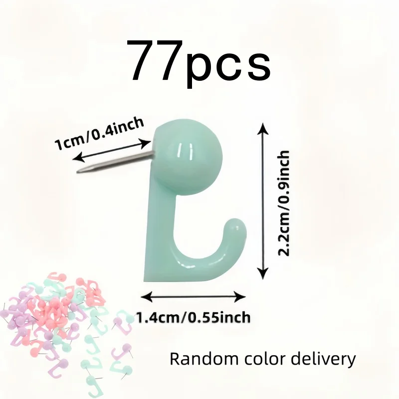 Random Color Push Pin Hooks 77 pcs, Sturdy, Easy to Install, for Corkboards and Photo Walls, Durable and Practical