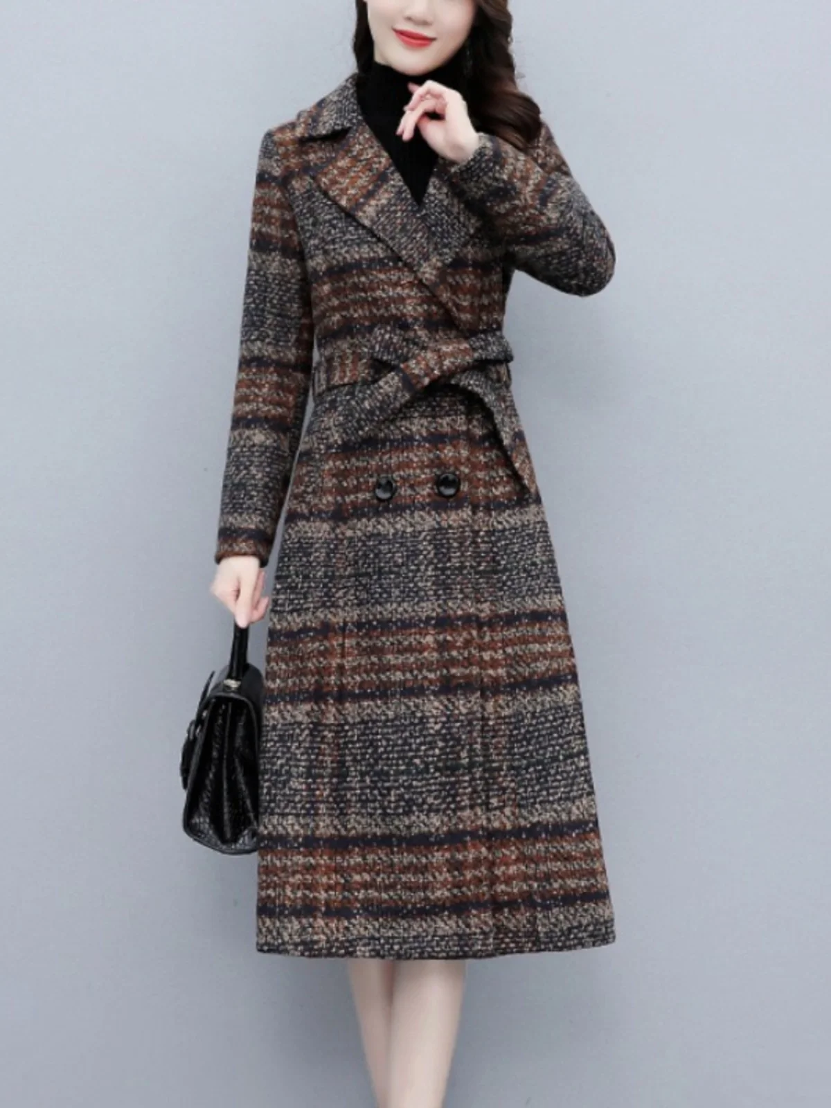 Women\' Medium and Long Double-Breasted Flip collar Retract waist Woolen Coat Slim Coffee Plaid Windbreaker High-end Clothing New