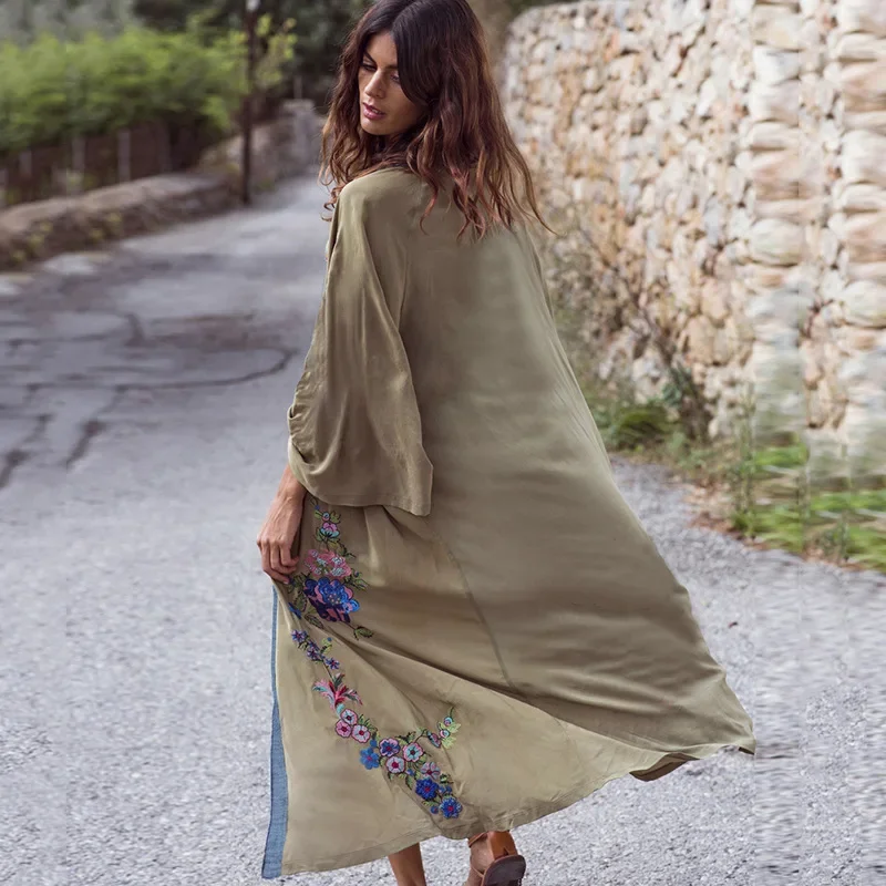 Vestidos Boho Hippie Chic Vintage Floral Embroidery Cardigan Beach Trip 2025 New Kimono Pareo Long Sleeve Cape Cover Maxi Dress