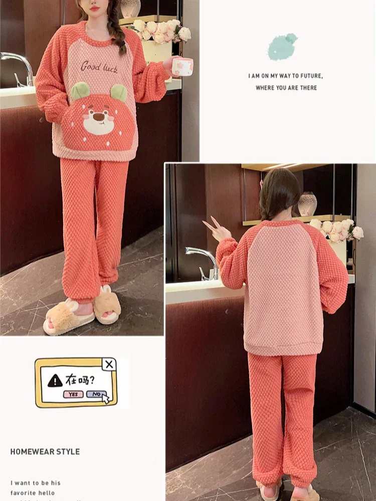 5XL Large Size Plush Pajamas Set Women Winter Sweet Cartoon Long sleeved Top and Trousers Home Suit Loungewear Fluffy Outerwear